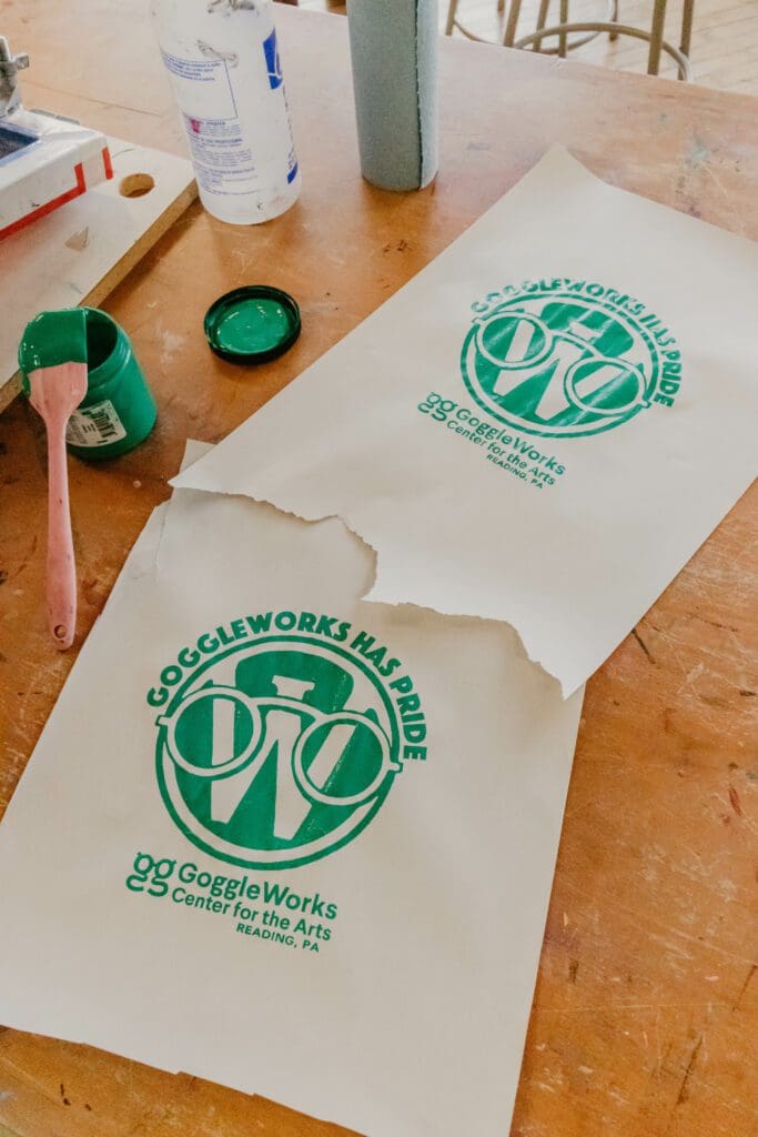 Print of GoggleWorks logo in the Printmaking studio
